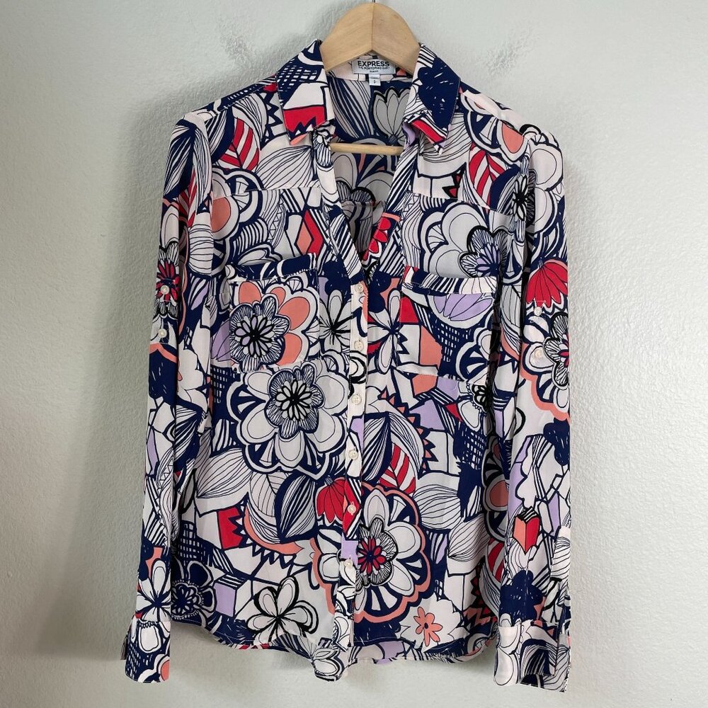 Express Portofino Shirt Womens Small Slim Fit Floral Button Up Blouse